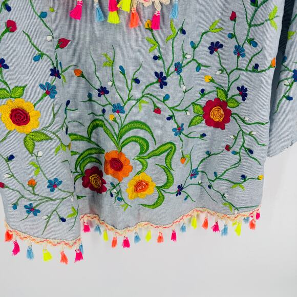 PONG 100% Cotton Embroidered Tassel Tunic Swim Cover Up Blue Stripe Floral M - Picture 4 of 9